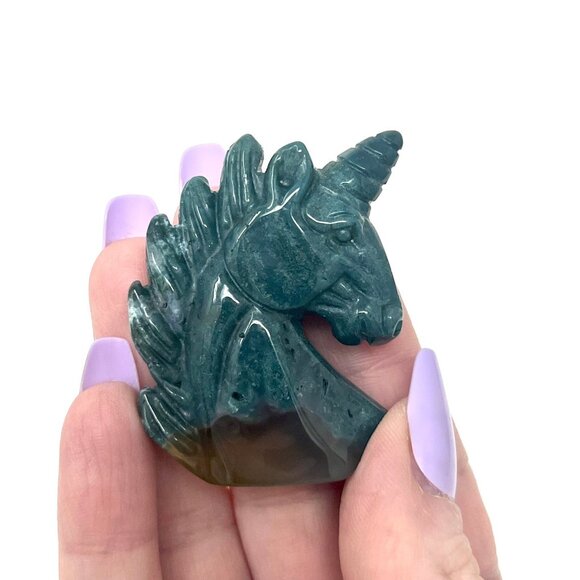 **SOLD*Green Moss Agate chalcedony unicorn carving natural healing crystal stone - Picture 6 of 9